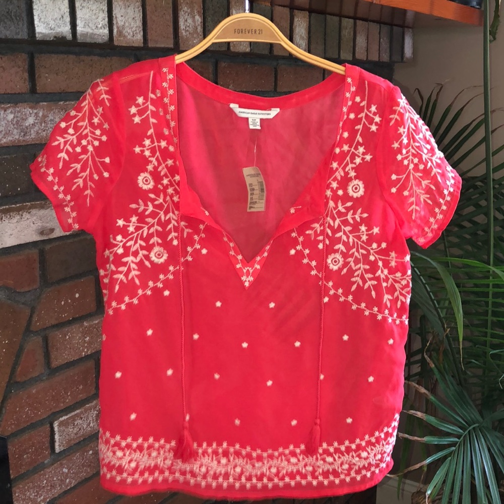NWT American Eagle Pink Embroidered Tassel Blouse